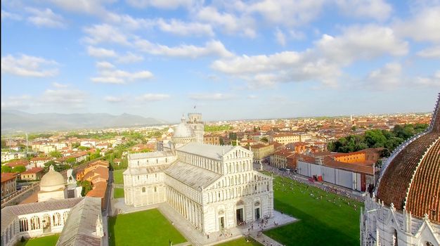 Pisa, Italy. Stunning aerial view of city skyline at dusk.