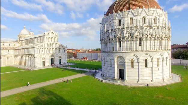 Aerial view of Miracles Square, Pisa. Piazza dei Miracoli .