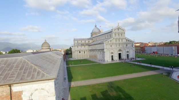 Aerial view of Miracles Square, Pisa. Piazza dei Miracoli .