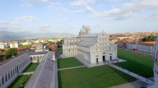 Aerial view of Miracles Square, Pisa. Piazza dei Miracoli .