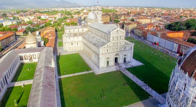 Aerial view of Miracles Square, Pisa. Piazza dei Miracoli .