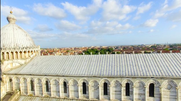 Pisa, Italy. Stunning aerial view of city skyline at dusk.