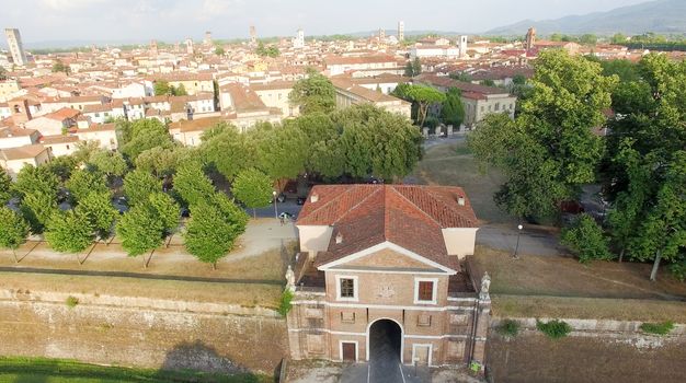 Aerial view of Lucca ancient city walls - Tuscany, Italy.