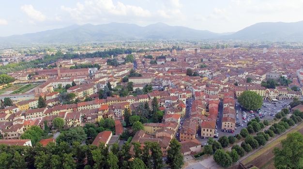 Aerial view of Lucca ancient town, Tuscany, Italy.