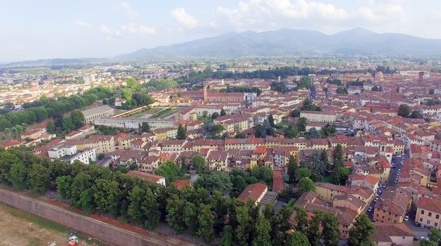 Aerial view of Lucca ancient town, Tuscany, Italy.