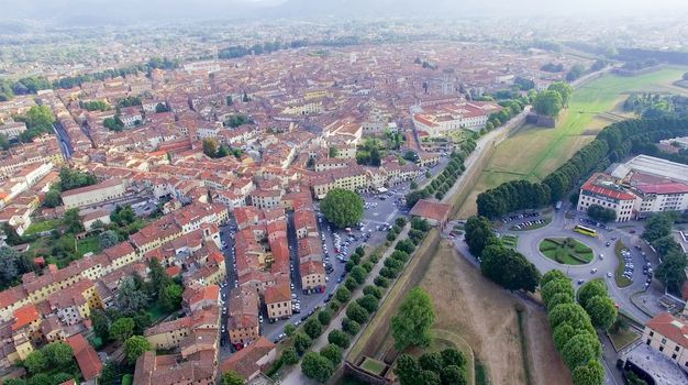 Aerial view of Lucca ancient town, Tuscany, Italy.