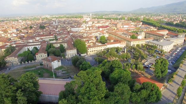 Lucca and surrounding countryside. Aerial view.