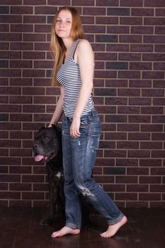 girl in jeans and shirt standing near  wall and hugging a big dog Cane Corso