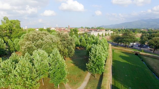 Lucca and surrounding countryside. Aerial view.