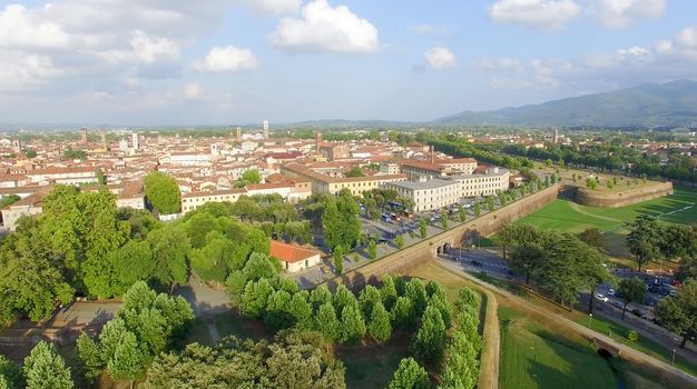 Aerial view of Lucca ancient city walls - Tuscany, Italy.