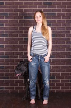 girl standing near the wall and hugging a big dog Cane Corso