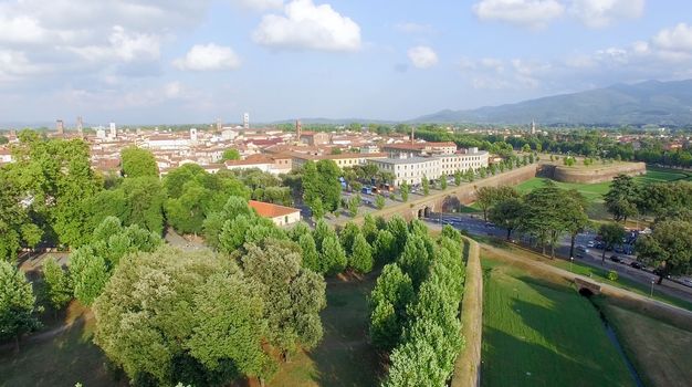 Lucca and surrounding countryside. Aerial view.