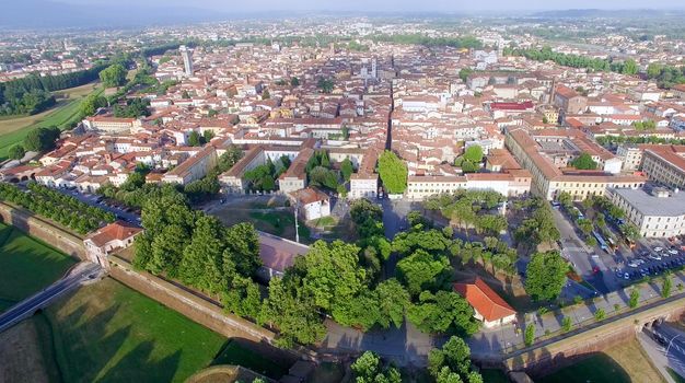 Lucca and surrounding countryside. Aerial view.