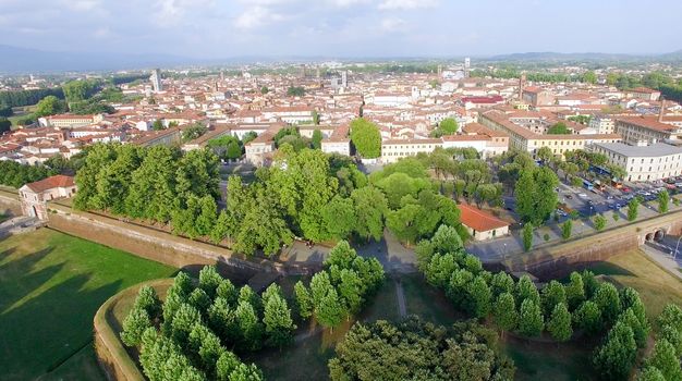 Aerial view of Lucca ancient city walls - Tuscany, Italy.