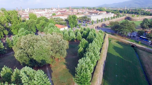 Aerial view of Lucca ancient city walls - Tuscany, Italy.