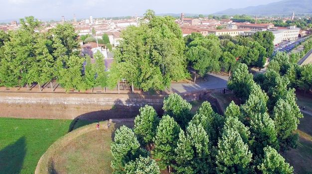 Aerial view of Lucca ancient city walls - Tuscany, Italy.