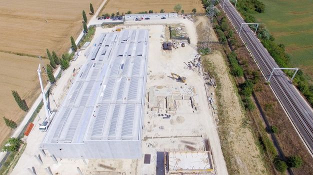 Building construction site, overhead view.