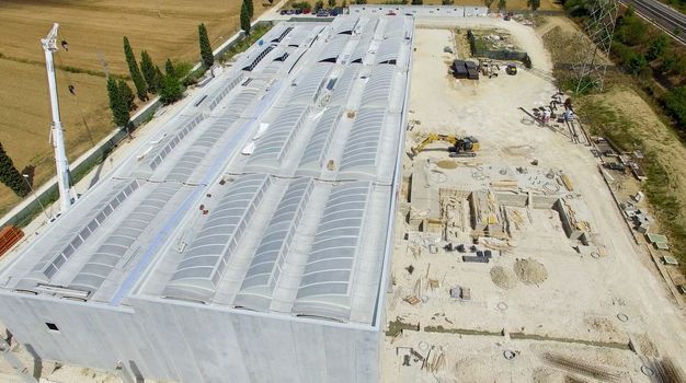 Building construction site, overhead view.