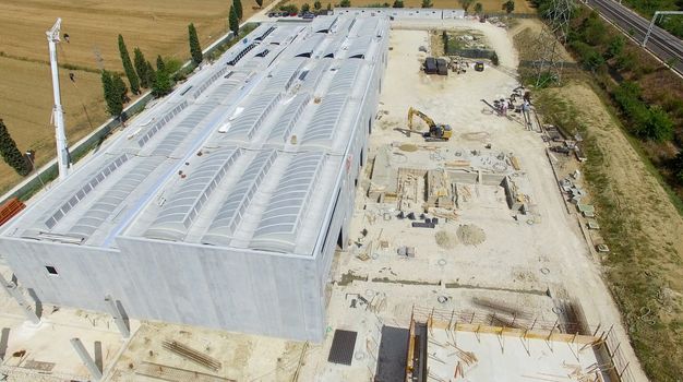 Aerial view of construction site.