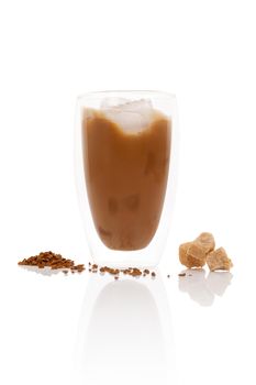 Delicious ice coffee on white background. Traditional coffee drinking.