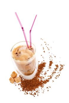 Delicious ice coffee with instant coffee and brown sugar on white background. Traditional coffee drinking.