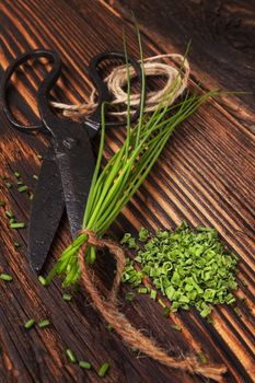 Fresh and dry chives herb with vintage scissors on rustic wooden background. Culinary aromatic herbs.