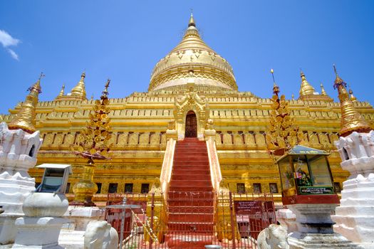 Scenic view of golden Shwezigon pagoda in Bagan, Myanmar