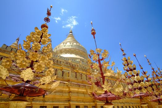 Scenic view of golden Shwezigon pagoda in Bagan, Myanmar