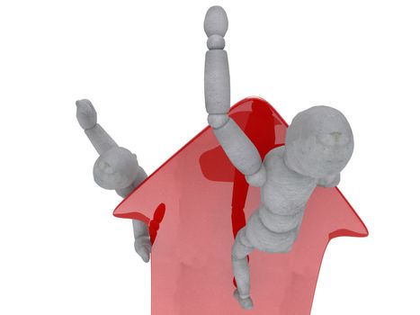 Character is holding on his shoulder glossy red arrow that points up. Another doll showing winning gesture. The picture shows a craving for victory, labor force growth and results.