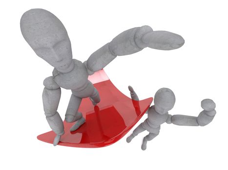 Character is holding on his shoulder glossy red arrow that points up. Another doll showing winning gesture. The picture shows a craving for victory, labor force growth and results.