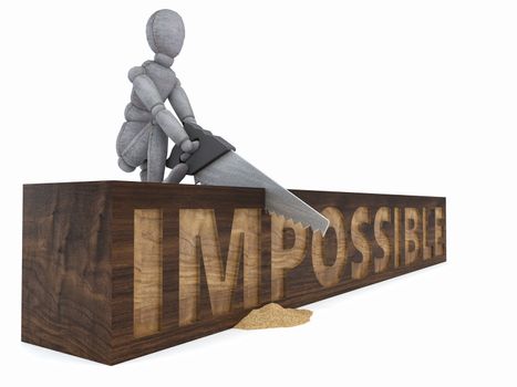 Doll Model sawing wooden block with inscription "impossible"