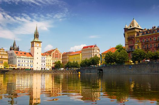 View of monuments from the river in Prague.