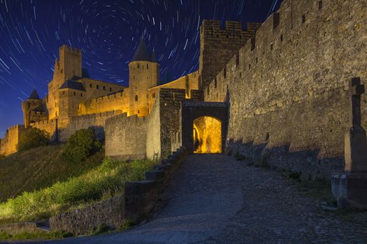 Star Trails above the medieval fortress and walled city of Carcassonne in southwest France. Founded by the Visigoths in the 5th century, it was restored in 1853 and is now a UNESCO World Heritage Site.