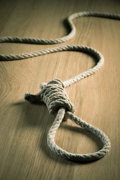 Noose lying on hardwood floor, suicide and punishment concept.