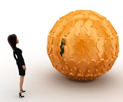 3d woman with big golden ball concept on white background,  side angle view