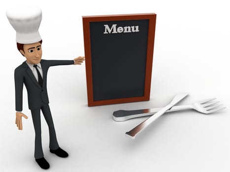 3d chef presenting menu concept on white isolated background , top angle view  