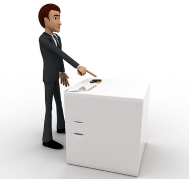 3d man presenting a plain untextured  box  concept on white isolated background , side angle view 