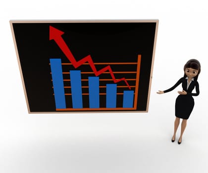 3d woman present growth graph concept on white background,  top angle view