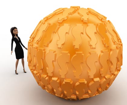 3d woman with big golden ball concept on white background, front angle view