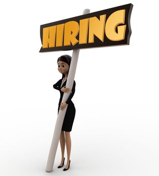 3d woman holding hiring advertise in hands concept on white background, side angle view