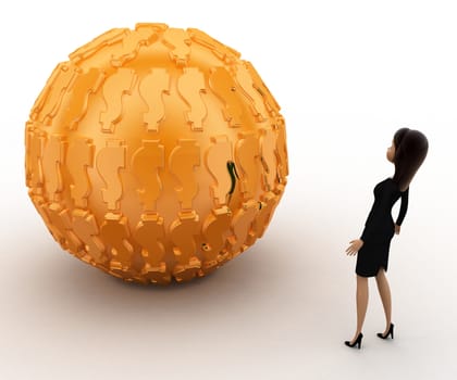 3d woman with big golden ball concept on white background,  back angle view