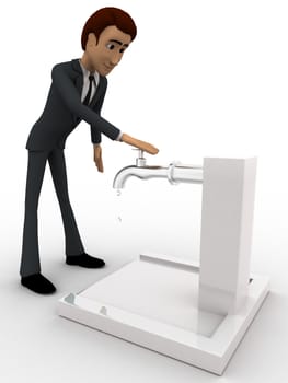 3d man trying to open public tap concept  on white isolated background , front angle view 