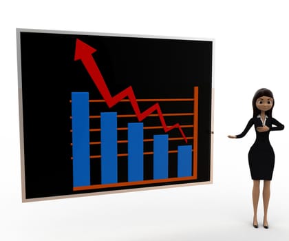 3d woman present growth graph concept on white background, front angle view