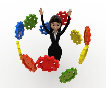 3d woman flying many cogwheel around her concept on white background, front angle view