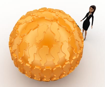 3d woman with big golden ball concept on white background,  top angle view