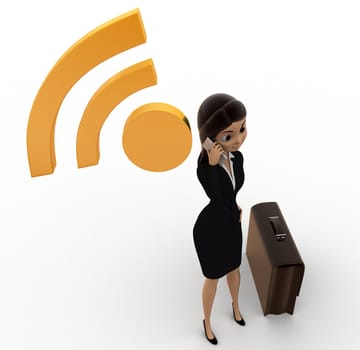 3d woman with wireless icon and briefcase concept on white background, side angle view