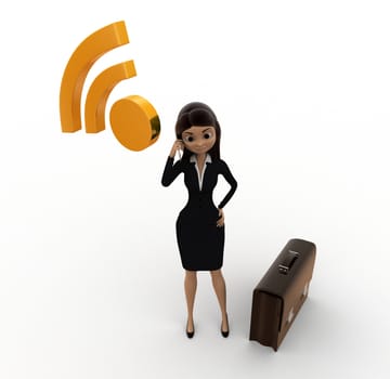 3d woman with wireless icon and briefcase concept on white background, top angle view