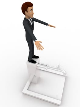 3d man standing on top of public tap concept  on white isolated background , side angle view 