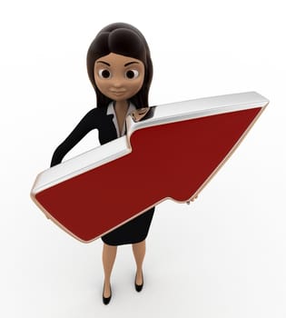 3d woman holding red arrow in hand concept on white background, front angle view