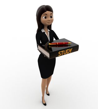 3d woman holding study materials in hands concept on white background, side angle view